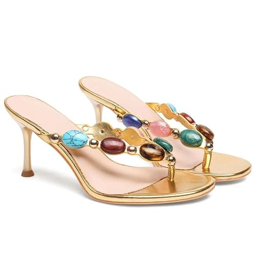 Oakmoo Women's Jeweled Thong Strappy Sandal Summer Mules Kitten Heels Flip Flop Round Open Toe Mid Heels Fashion Wedding Party Dress Thong Casual Shoes - Image 1