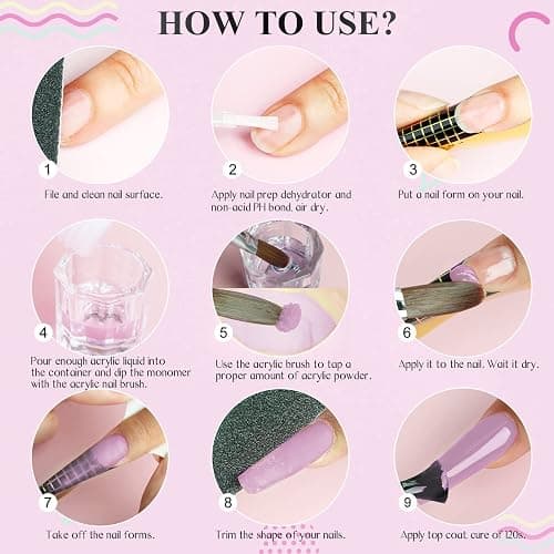 Saviland Acrylic Nail Starter Kit: Clear Pink Nude Acrylic Powder & Liquid, Brush, Files, Forms, Press On Nails, Home Practice Set thumbnail 6