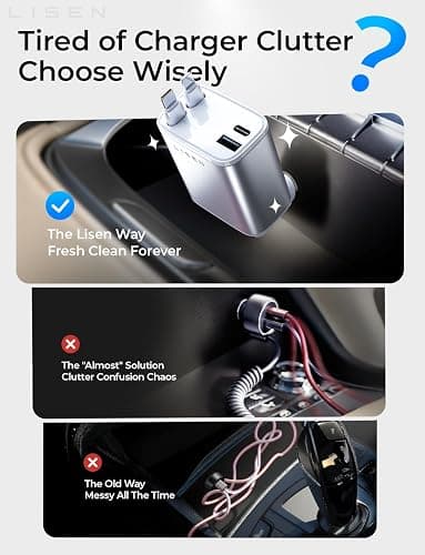 LISEN Retractable Car Charger for iPhone, for iPhone 17 Pro Max 16 15 14 13 12 Plus Mini, Cute 4 in 1 Retractable USB C Car Charger Fast Chareg for Women Men, 84W Fast Charging Car Accessorie thumbnail 3