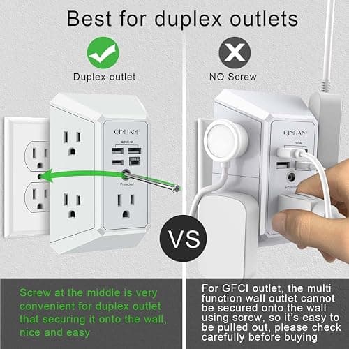 Wall Charger, Surge Protector, QINLIANF 5 Outlet Extender with 4 USB Charging Ports, 3-Sided 1680J Power Strip Multi Plug Adapter Spaced for Home Travel Office thumbnail 5