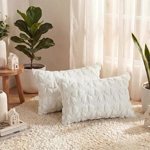 AVOIN colorlife Cream White Bow Throw Pillow Covers Set of 2, 12 x 20 Inch Coquette Room Decor Aesthetic Decorative Soft Plush Faux Fur Jacquard Cushion Case Gift for Girl Bed Sofa thumbnail 2