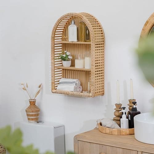 Synovana Rattan Wall Shelf - 3 Tier Boho Arch Hanging Shelves Handcraft Floating Shelf for Bathroom Living Room Wall Decor, 15.75" x 23.62" thumbnail 4
