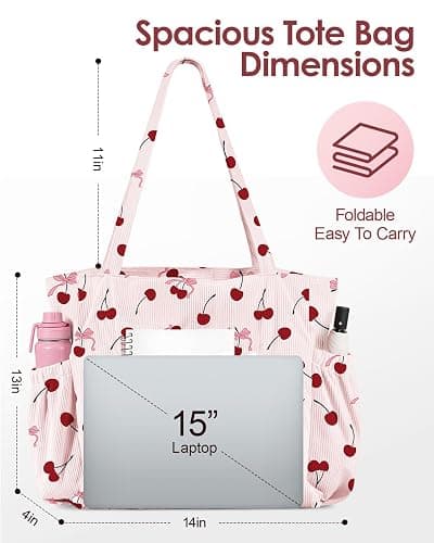 Miss Adola Large Corduroy Tote Bag for Women - Cute Shoulder Reusable Bags with Zipper Multi-Pocket for School thumbnail 4
