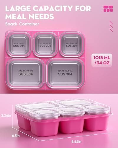 BiuLeon Snackle Box Containers, Stainless Steel 5 Compartments Divided Serving Tray with Lid, Removable LeakProof Portable Bento Box for Fruit Candy Nuts Food - School, Picnic and Travel（Pink） thumbnail 3