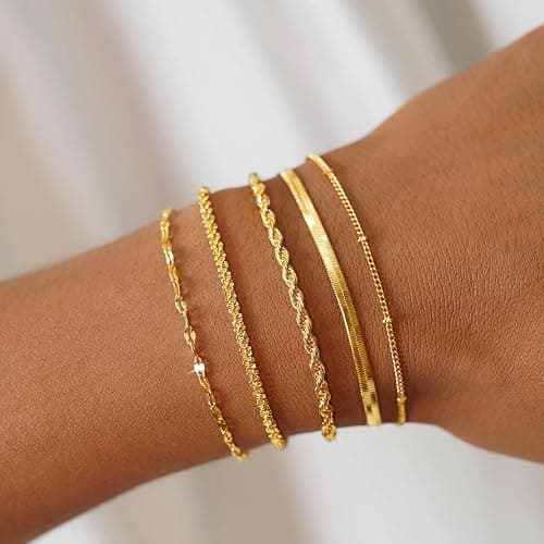 JECOMY Gold Bracelets for Women, 14K Gold Plated Waterproof Bracelets for Women, Dainty Stackable Adjustable Chain Jewelry Set - Trendy Layered Bracelet Stack Gift, Everyday Wear thumbnail 2