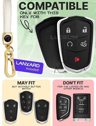 Lucrum Compatible with Cadillac Escalade Key Fob Cover & Leather Keychain, 5 Buttons Keyfob Case for ATS CTS CT6 SRX XT4 XT5 XT6 - (2015-2023) - White and Gold thumbnail 2