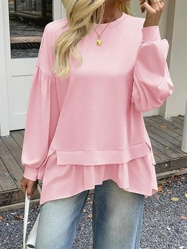 Tankaneo Womens Oversized Tops Peplum Puff Long Sleeve Shirts Trendy Casual Loose Fit Crew Neck Tunic Shirts thumbnail 5