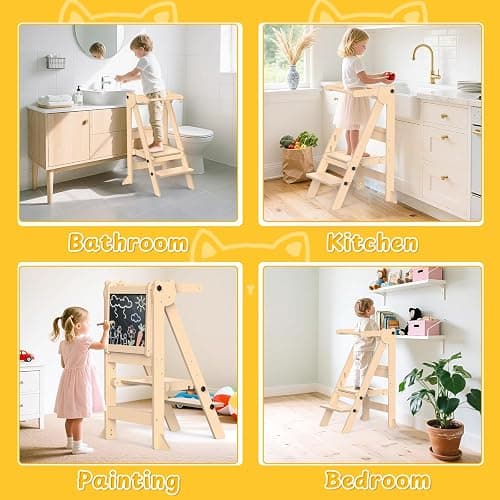Foldable Toddler Tower, Wooden Toddler Kitchen Stool with 3 Adjustable Heights and Removable White/Blackboard, Montessori Foldable Learning Tower Kitchen Stool, Natural Wood thumbnail 7