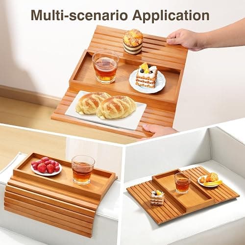 Kssiaz Couch Arm Tray, Bamboo Sofa Tray Table for Couch, Sofa Armrest Table, Anti-Slip Armrest Organizer, Foldable Couch Cup Holder for Snacks, Phone, Control, Cups, Light Brown thumbnail 6