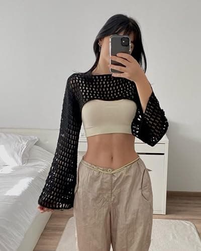 CAMNOW Womens Crochet Crop Tops Y2k Knit Shrug Sweater Hollow Out Long Sleeve Bikini See Through Cover Ups thumbnail 5