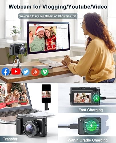 4K Digital Camera for Photography and Video, Autofocus Anti-Shake 48MP Vlogging Camera for YouTube, 3'' 180°Flip Screen Camera with Flash 16X Zoom, Digital Camera with 32GB Card Battery Charger Black thumbnail 5