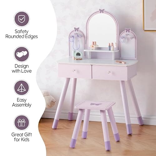ROBUD Kids Vanity Table and Chair Set, Girls Vanity Set with Mirror, Pretend Play Kids Vanity, Makeup Dressing Table with Drawer and Accessories, Age 3+ (Purple) thumbnail 9
