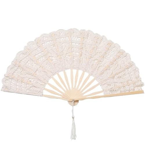 BABEYOND Cotton Lace Folding Handheld Fan Embroidered Bridal Hand Fan with Bamboo Staves for Wedding Decoration Dancing Party - Image 1