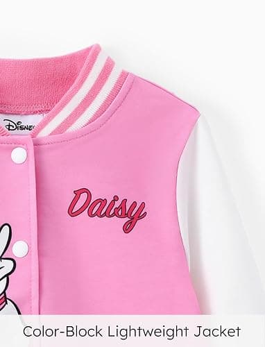 Disney Minnie Mouse Mickey Mouse Stitch Kids Varsity Bomber Jacket Lightweight Button-up Sweatshirt Toddler-Big Kids - Daisy Duck-pink - 8-9 Years thumbnail 4