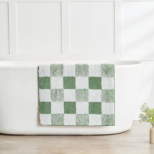 CozeCube Bath mats for Bathroom Non Slip, Fluffy Absorbent Microfiber Bath mat Washable, Aesthetic Bathroom Rugs, Large Sage Green Checkered Bath mat, Sage Green, 36" x 24" - Image 1