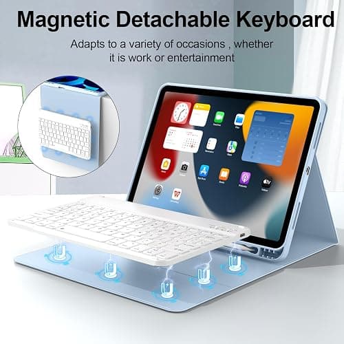 KenKe for iPad(A16) 10th/11th Generation Case with Keyboard (10.9/11 inch) 2022/2025, Soft TPU Back Stand Cover with Pencil Holder, Magnetically Detachable Wireless Bluetooth Keyboard, Sky Blue thumbnail 4