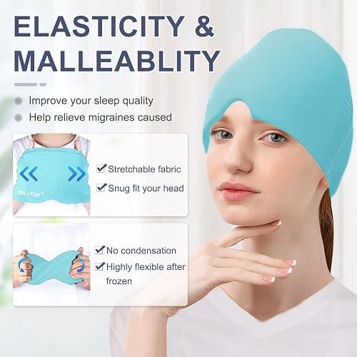 EXQUISLIFE Migraine Headache Relief Cap, Gel Ice Head Wrap, Hot and Cold Therapy, Headache Eyes Mask for Sinus, Puffy Eyes, Tension and Stress Relief (Blue) thumbnail 6