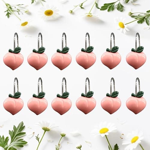 Inshere 12pcs Peach Shower Curtain Hooks,Rustproof Stainless Steels Metal Pink Decorative Shower Curtain Hooks for Bathroom, Cute Fruit Theme Shower Rings Set Bathroom Decor - Image 1