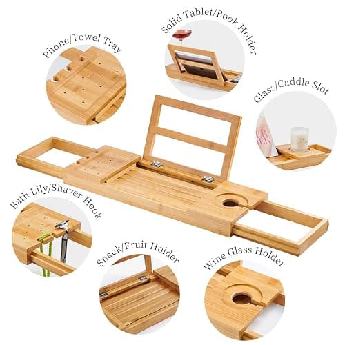 Utoplike Bathtub Caddy Tray, Bamboo Bath tub Tray with Adjustable Arms, Bath Table Holds Books/Tablets/Cell Phone/Towels/Foods (Natural Bamboo) thumbnail 4