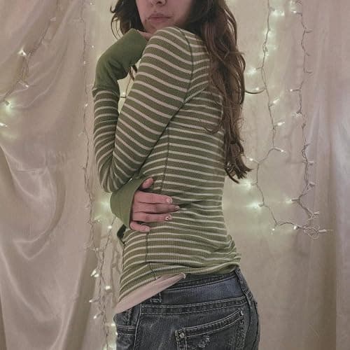 Vintage Grunge Y2k Fake Two Piece Striped Polka Dot Top Long Sleeve Shirts 2000s Fairy Core Clothes Cute Tops thumbnail 2