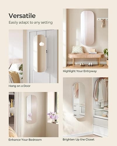 SONGMICS Jewelry Organizer, LED Jewelry Cabinet Wall/Door Mounted, Lockable Rounded Wide Mirror with Storage, Interior Mirror, 3.9 x 16.5 x 42.5 Inches, White Surface with Greige Lining - White + Greige thumbnail 4