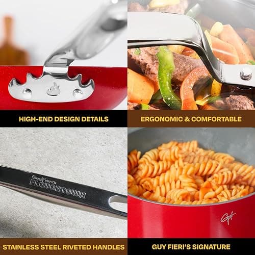 Guy Fieri's Flavortown 11-Piece Ceramic Cookware Set, Nonstick Pots and Pans for Cooking, Made without PFAS PTFE PFOA, Oven Safe, Dishwasher Safe, Easy to Clean Everyday Cookware, Red thumbnail 6
