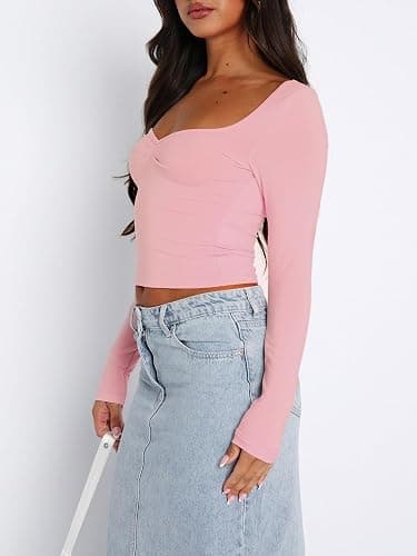ForeFair Women's Sexy Long Sleeve Going Out Tops Pleated Bustier Shirt Cute Sweetheart Neck Y2K Cropped Top thumbnail 4