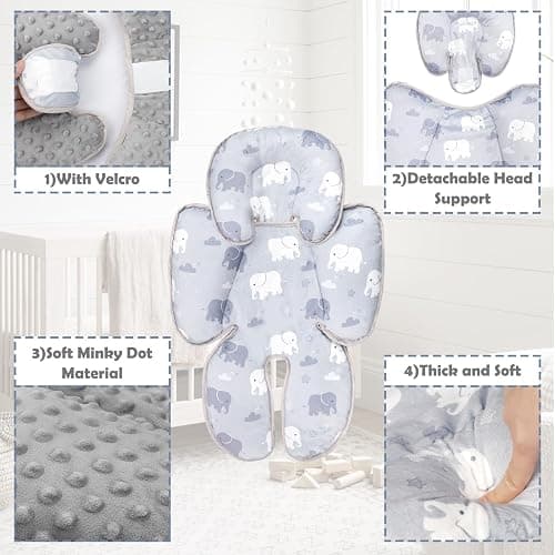 TANOFAR Infant Car Seat Head Support, Soft Baby Carseat Head & Body Support, Elephant Baby Car Seat Insert Cushion for Newborn Boys - Gray Elephant thumbnail 5