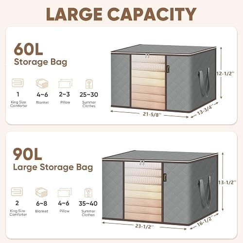 BALEINE 2 Pack Clothes Storage Bags, 16 Gallon Storage Containers with Reinforced Handle, Sturdy Zipper, Closet Organizer for Blanket, Comforter, Pillow, Bedding (Grey, 2 Pack) thumbnail 5
