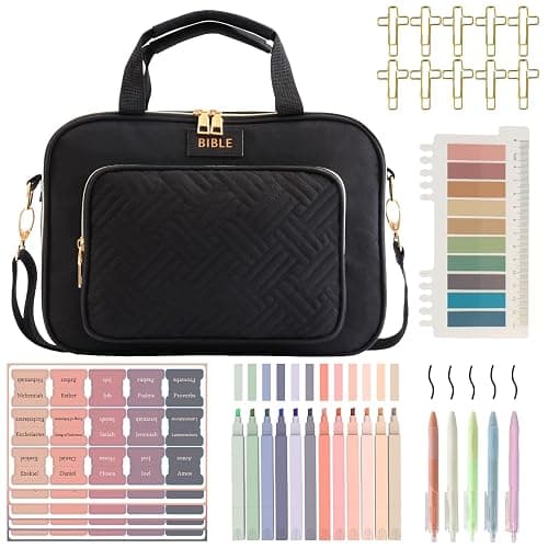 Bible Cover for Women Bible Case, Large Bible Bag, Bible Study Supplies Bible Journaling Kit Book Carrying Case with Bible Highlighters Tabs, Valentines Day Christian Gifts for Women (Black) - Image 1