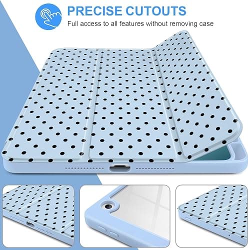 Yebiseven for iPad 9th 8th 7th Generation 10.2 Inch 2021 2020 2019 Case -[Built-in Pencil Holder], Shockproof Clear Hard Back, Slim Trifold Stand, Auto Wake/Sleep, for Girls teen Women, Blue polka dot thumbnail 4