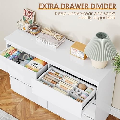 Dresser for Bedroom with 6 Wide Drawer, White Wood Dresser, Modern Chest of Drawers for Clothes Storage, Multi-Functional Storage Organizer for Bedroom, Living Room & Entryway(47" W x15.4 Dx32.3 H) thumbnail 3