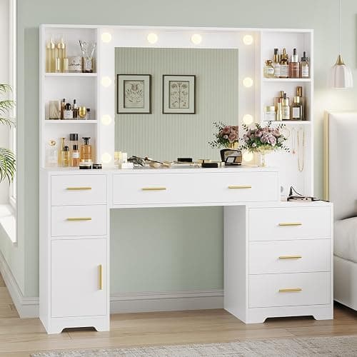 Hasuit 48.8'' Large Vanity Desk with Lighted Mirror & Power Outlet, White Makeup Vanity Table with 6 Drawers, 4 Shelves and 1 Storage Cabinet, Glass Tabletop Bedroom Dressing Table, 3 Lighting Modes thumbnail 7