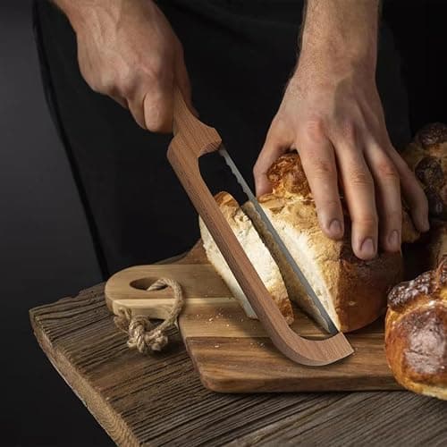 ROYOROYI Bread Slicer for Homemade Bread,16" Wooden Sourdough Bread knife with Bow Design,Premium Stainless Steel Serrated Saw Bread cutter for Bagels, Baguettes and More thumbnail 2