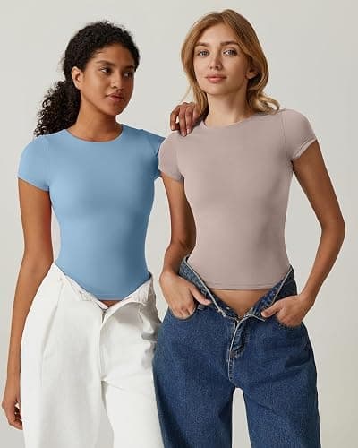 QINSEN Women's Crew Neck Short Sleeve Tees Double Lined Slim Fit T Shirt Basic Y2K Tops thumbnail 3