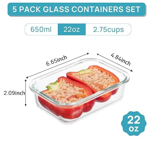 Vtopmart 5Pack 22oz Glass Storage Containers with Lids, Grey | Glass Meal Prep Food Container Sets, Snap Airtight Lid, For Microwave, Oven, Freezer and Dishwasher, BPA Free thumbnail 3