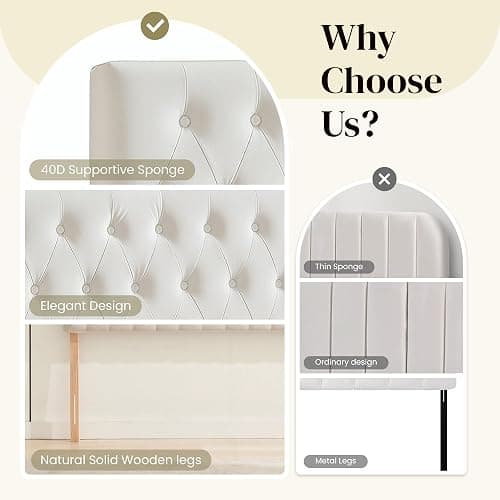 Kingfun Tufted Upholstered Full Size Bed Headboard in Modern Button Design, Adjustable Solid Wood Head Board, Premium Velvet Fabric Padded Headboards in Bedroom (White) thumbnail 5