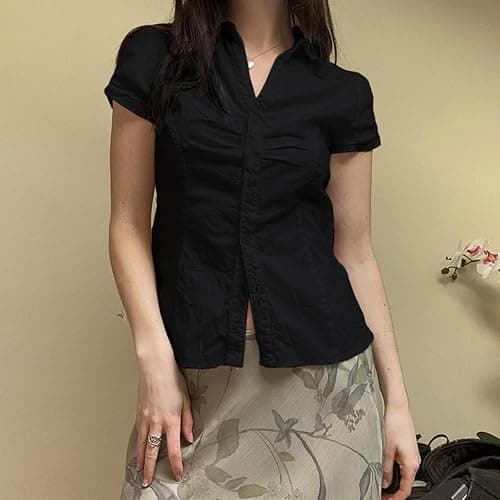 Women's Button Up Shirt Slim Fitted Cap Sleeve V Neck Top Y2k Coquette Button Down Shirt thumbnail 2