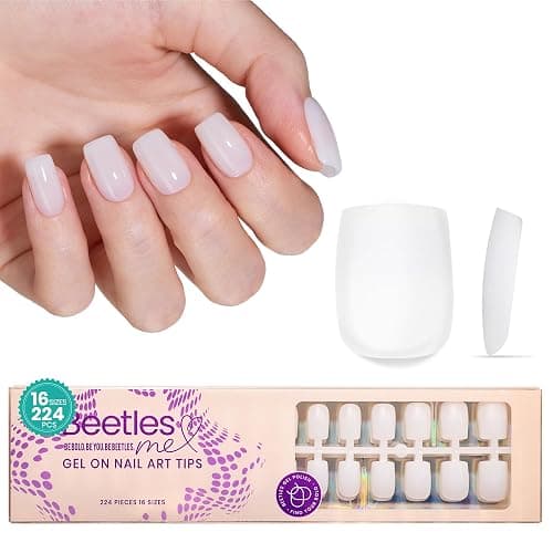 Beetles Short Square Press on Nails Pre-Colored Milky White 224 Pcs Gel Nail Tips,Pre-Applied Primer, No File Need 3-in-1 DIY Manicure for Nail Designs - Image 1