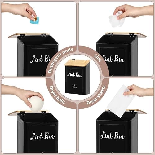 SUBEKYU Metal Magnetic Lint Bin for Laundry Room, Wall Mounted Lint Box Holder with Lid for Dryer,Laundry Room Organization and Storage,Bamboo Lid Lint Basket,Black thumbnail 5