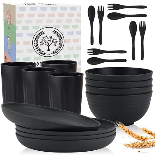 Homienly Wheat Straw Dinnerware Sets, Homienly 20pcs Unbreakable Microwave Dishwasher Safe Tableware Lightweight Bowls, Cups, Plates Set Reusable Dinner Plates Bowls set (Matte Black) - Image 1
