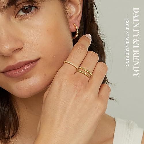 RLMOON 8-12PCS 14K Gold Stacking Ring Set for Women Dainty Thumb Stackable Rings Gold Heart CZ Non Tarnish Rings Plain Band Size 4-11 - 10PCS Gold Ring - 7 thumbnail 4