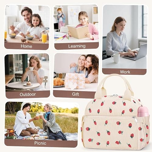 KUBYA Lunch Box for Women, Cute Strawberry Corduroy Insulated Lunch Bag Women Reusable Work Leakproof Simple Adults Large Lunch Boxes Tote Bag Men Cooler Bag thumbnail 6