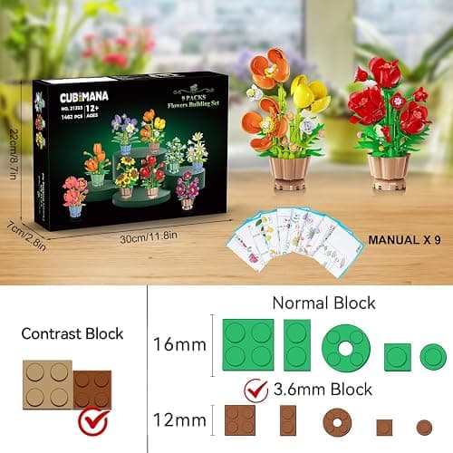CUBIMANA 9 Blumen 3,6MM Mini Bausatz – 1462 Stück Botanische Blume Bonsai mit Rosen Orchidee Bausteinspielzeug, Deko Kunstblumen für Zuhause Büro, Geburtstagsgeschenk für Frauen Erwachsene Teen thumbnail 3