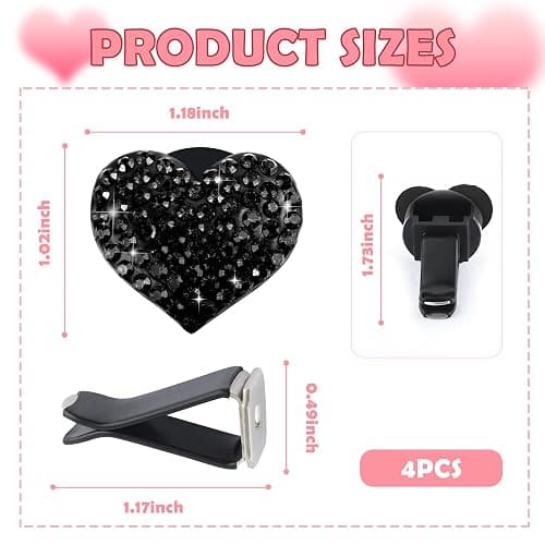 4PCS Heart-Shaped Car Vent Clips with Rhinestone,Bling Air Vent Clips Car Decorations,Premium Shiny Car Clips for Vents Accessories Interior (Black) thumbnail 2