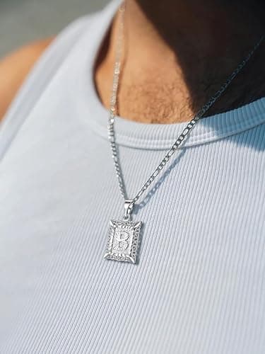 U7 Initial Letter Necklace for Men Women, 14K Gold/Silver Plated Square Capital Monogram Pendant Necklace from A-Z with 22+2 Inch Figaro Chain, Personalized Jewelry for Him thumbnail 7