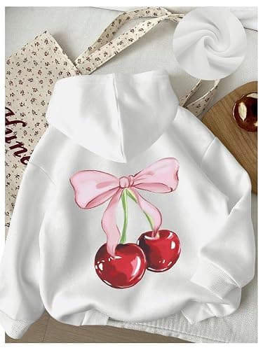 WDIRARA Girl's Cherry Graphic Hoodie Long Sleeve Hooded Sweatshirt Cute Pullovers Tops thumbnail 4