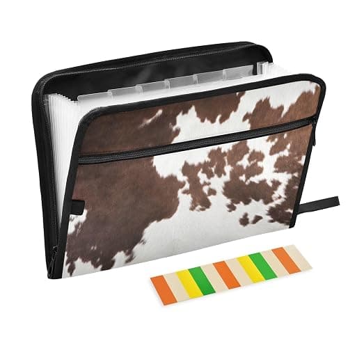 Western Cow Skin Texture Expanding Accordion File Folder with Sticky Labels, 13 Pockets Zip File Folder with Zipper Closure - Image 1