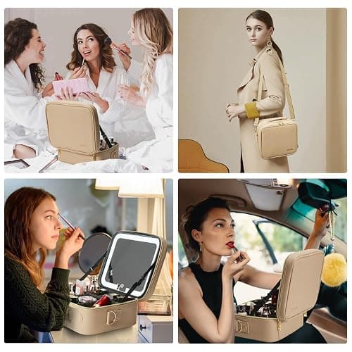 Mocado Travel Makeup Bag with LED Lighted Mirror,Travel Makeup Organizer,Makeup Case with 3 Color Lighted Setting and 10x Magnifying Mirror,Portable Storage and Adjustable Dividers Makeup Box(Khaki) thumbnail 7