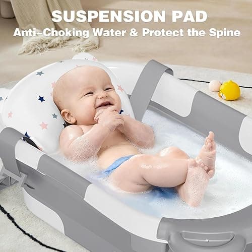MoreFeel Collapsible Baby Bathtub for Newborn with Thermometer & 1 Hooded Towel & 1 Soft Floating Cushion,Portable Travel Bathtub with Drain Hole, Durable Foldable Baby Tubs for Infants to Toddler thumbnail 3